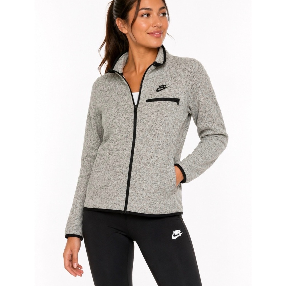 Nike Tech Womens Grey Heather Full Zip Fleece Jacket Mock Neck Large Grey Black